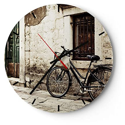 Modern Wanduhr Straße Fahrrad Stadt Ruinen 30x30cm Rund Klein Wand Uhr Glas Analog Zimmeruhren Küche Büro Wohnzimmer Glasuhr Wall Clock Dekoration Design Wanddekoration Küchenuhr C3AR30x30-2667