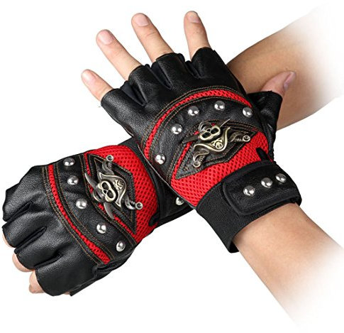 Coolwife Steampunk Gothic Handschuhe Herren Geuuine Leder Captain Fingerless Fäustlinge (B Rot)