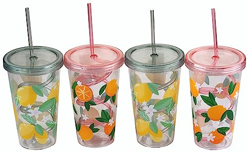 Gem Imports Plastic Transparent Drinking Tumbler Cups with Lid & Spiral Straw - Orange & Lemon - Set of 4
