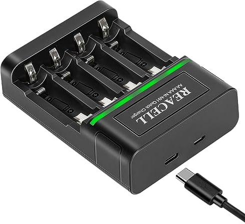 REACELL Akku Ladegerät, für 1-4 AA/AAA NiMH Akkus, AkkuLadegerät mit Typ-C und Micro USB Eingängen, Schnellladefunktion,1 Stunde Ladezeit, Wiederaufladbar Batterieladegerät mit LED Anzeige