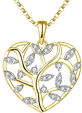 JO WISDOM Damen Kette Lebensbaum Herz Silber 925,Halskette Anhänger Baum des Lebens mit 3A Zirkonia mit Gelb Vergoldet,Schmuck für Frauen