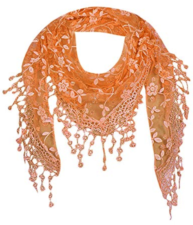 Dantazz Schal Damen Spitzen Halstuch Dreieck-Schal mit Fransen Winterschal Herbstschal Kopftuch Mode Seidenschal Elegant Damen-Schal Seidentuch (Orange, onesize)
