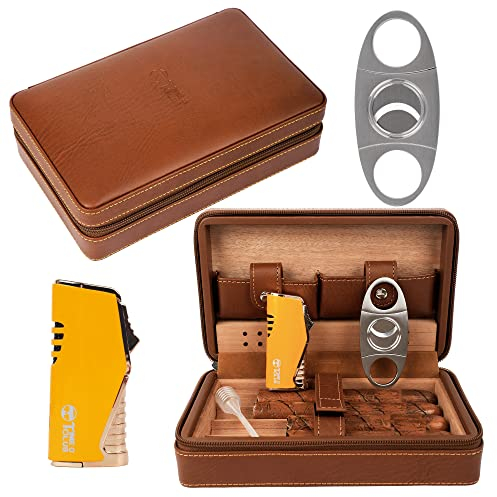 Time C club Portasigaro portatile in pelle a 4 dita, con tagliasigari e umidificatore, regalo di compleanno, regalo per la festa del papà 581