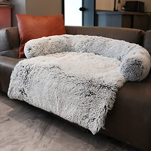 MoonxHome Haustier-Sofaschutz, beruhigendes Hundebett für große Hunde, Plüsch-Hundematte, Hundesofa, universeller Haustiermöbelbezug mit weichem Nackenrolle, Sofa, maschinenwaschbar, Silbergrau, groß