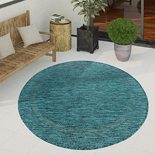 Paco Home Outdoor Teppich wetterfest & pflegeleicht Flachgewebe in Sisal-Optik mit Bordüre UV-beständig Modern für Balkon, Terrasse, Garten, Wohnzimmer, Grösse:160 cm Rund, Farbe:Türkis
