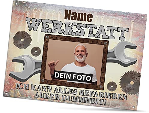 Werkstattschild selbst gestalten - Kann alles reparieren außer Dummheit - mit Name und Foto personalisiertes Outdoorschild aus Aluminium | Wetterfest, 21x15 cm