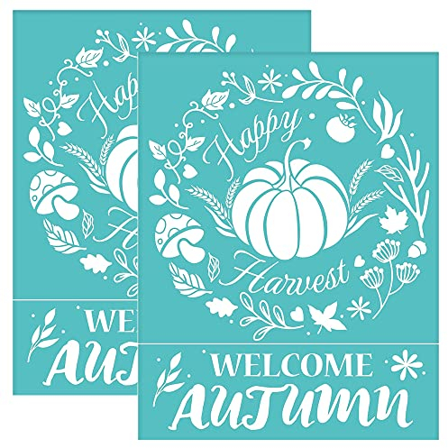 OLYCRAFT 2 Stück Herbst Thema Siebdruck Schablonen Kürbis Ahornblatt Zeichen Schablonen Selbstklebend Wiederverwendbare Happy Harvest Mesh Schablonen für Malerei auf Holz T-shirts - 22x28cm
