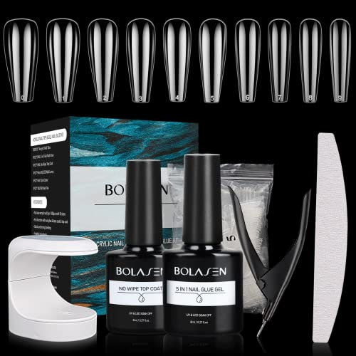 BOLASEN Nail Tips and Glue Gel Kit, Gel x Nail Extension Set mit 5in1 Nagelkleber Gel und Top Coat, Nail Extension Kit mit 500 PCS Ballerina Nail Tips, UV Nagellampe, Kleber Gel x Nail Kit Einfach DIY
