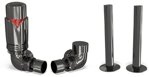 UK Radiators Black Nickel Thermostatic Radiator Valves and Corner Lockshield Valve - Polished Black Nickel Finish - Modern Design 1/2 x 15mm Corner Radiator Valves with 130mm Pipe Covers