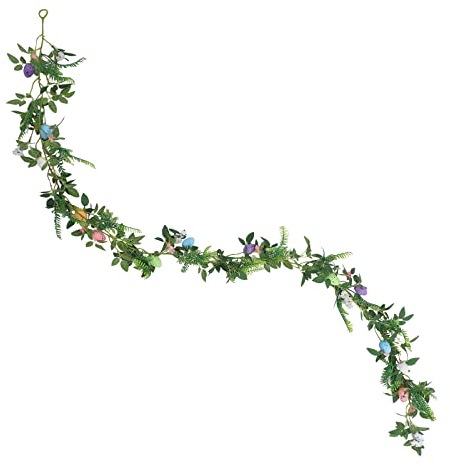 BFYDOAA 200 cm Ostereier-Girlande, künstliche Frühlingsblumen, Ranken, künstliche grüne Blätter, Girlande für Kaminsims, Zaun, Treppe, Hängekorb