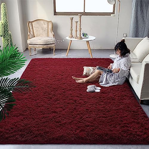 DweIke Superweicher Shaggy-Teppich, flauschige Teppiche, 1.5x2.4 m, dunkelroter Teppich für Wohnzimmer, Schlafzimmer, Mädchen, Kinderzimmer, Heimdekoration, Nachttischteppich, Dunkelrot