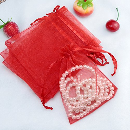 SYSUII 100 Stück Organzasäckchen,17x23cm Organzabeutel Säckchen Geschenkbeutel Organza, Schmuckbeutel Hochzeit-Säckchen mit Kordelzug Für Festival süßigkeiten Party Und Hochzeit Weihnachten-Rot