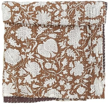 Hippie-Überwurfdecke mit floralem Handblock, handgefertigt, Baumwollblock, Kantha-Quilt, Vintage-Überwurf, Decke, Hippie, Queen-Size, Kingsize, Bohemian-Bettdekoration, Steppdecke (dunkelbraun, 228 x