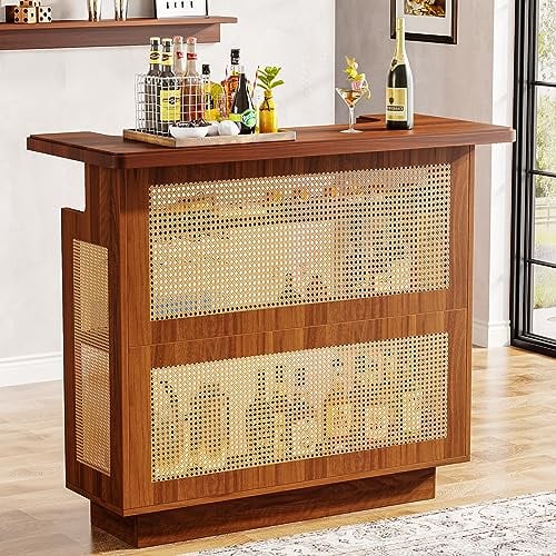 Tribesigns Bartisch, Stehtisch aus Rattan mit 4 Ebenen, 4 Stützen mit Fuß und erhöhtem Boden, Küchentisch für alkoholische Getränke und Wein, Industrie-Design, Karamellbraun