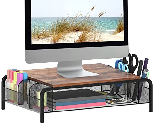 HORLIMER Metal Computer Stand for Desks with Organizer Drawer, Rustic Computer Riser for Small Printer, Black and Brown