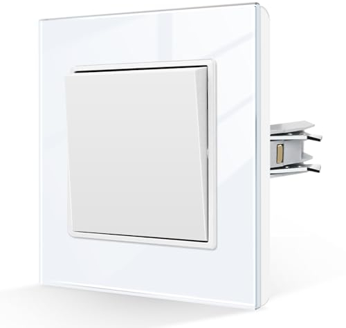 CNBINGO Lichtschalter Unterputz,Modern Lichtschalter Schwarz Glas Wechselschalter mit Steckklemme,1 Fach 1 Weg,Weiß