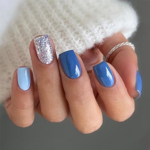 24pcs Short Square False Nails Glitter Silver Stick on Nails Blue Press on Nails Removable Glue-on Fake Nails Women Girls Nail Art Accessories