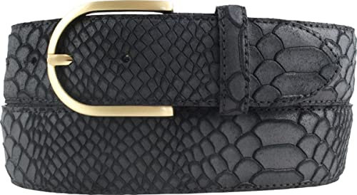 BELTINGER Damen-Gürtel mit Pythonprägung 4 cm | Leder-Gürtel für Damen 40mm Schlangen-Optik | Schlangen-Muster mit goldener Gürtelschließe | Schwarz 90cm