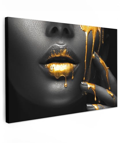 MuchoWow© Impression sur Toile Photo Peinture 120x80 cm Tableau Decoration Murale Chambre Salon Maison Deco Cuisine Femme - Lèvres - Or - Abstrait