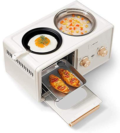Machine à petit-déjeuner multifonction - 4 en 1 - Mini four grille-pain avec minuterie, plaque antiadhésive, cuiseur à œufs - Facile à nettoyer - Rose