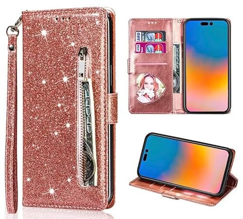 FERLAN Coque pour iPhone XR, Flip Case Étui Paillette Glitter Bling Portefeuille en Cuir Housse avec avec Fentes de Cartes Fonction Support, Fermeture Magnétique- Or Rose