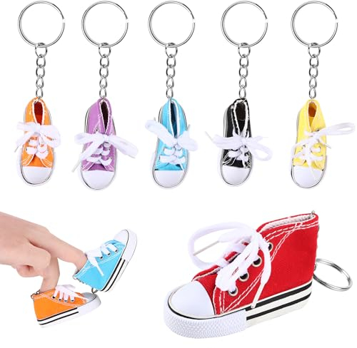 JSMTKJ Schuh Schlüsselanhänger, 6 Stück Schlüsselanhänger Mini Segeltuch Sneaker Schuh Schlüsselring Schlüssel Anhänger mit Einem Echtem Schnürsenkel für Frauen Girl Souvenir Geschenk