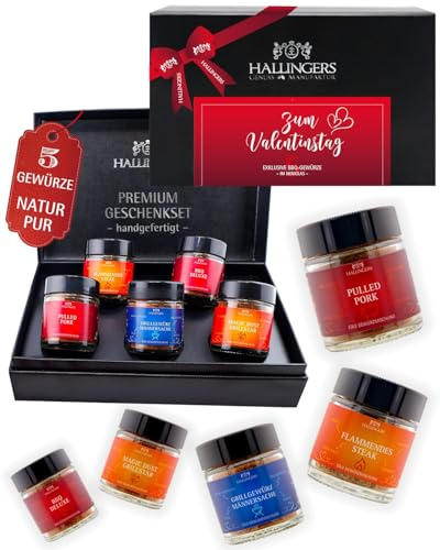 Hallingers Genuss Manufaktur Gewürz Valentinstagsgeschenk-Set - 5 Gewürze aus aller Welt in wertiger Geschenkbox mit Rezept-Booklet Zum Valentinstag, Valentintstag für Frauen Männer