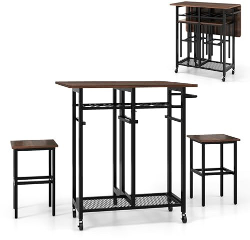 COSTWAY 3 Piece Dining Table Set, Extendable Kitchen Table with 2 Stools, 6-Bottle Wine Rack, Shelves, Side Pushing Handle & 5 Wheels, Folding Breakfast Bar Table Set for Small Space (Walnut + Black)