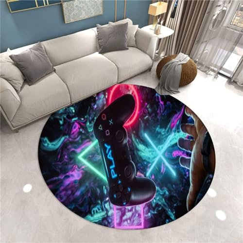 3D Controller Gaming Rug, Round, 140 cm, Non-Slip Doormat with Graffiti Game Console Decoration, Washable for Gamers, Boys, Teen, Bedroom, Living Room (A)