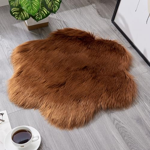 YUGWNN Dunkelbraun Flokati Teppich Waschbar Bettvorleger Fell,Kunstfell Stuhlauflage Dekofell,BlüTendurchmesser 60cm/23.6in
