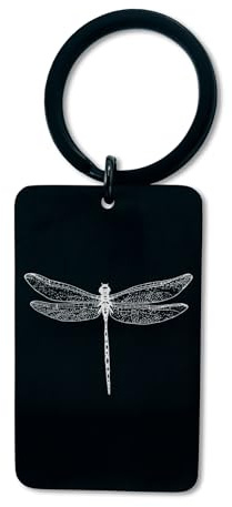 Libelle, Schlüsselanhänger mit Gravur, Schlüsselanhänger aus Stahl, Anstecknadel, Hundemarke, schwarz glänzend, One size