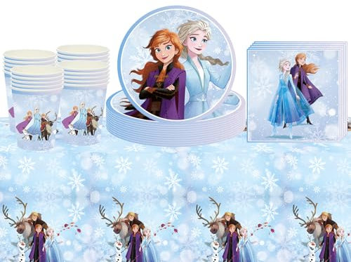 41Pcs Blue Snowflake Birthday Tableware Decorations,Girls Cartoon Plastic Table Cloth,Paper Cups Napkins Plates Blue Winter Birthday Table Cover Dinnerware for Kids Girl Party Supplies