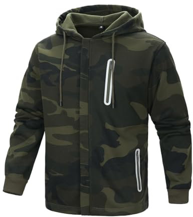 LBL - Felpa con cappuccio da uomo, in pile, con cerniera, casual, a maniche lunghe, con tasche con cerniera, Mimetico, XL
