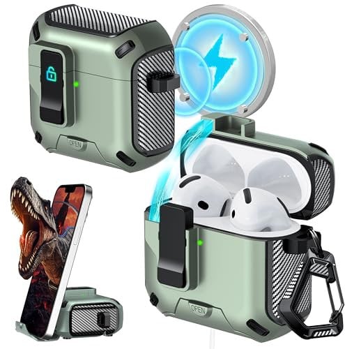 RFUNGUANGO Compatible with AirPods 4th Case with Cleaning Pen, Locking Clip,Full Body Protection,Stand Function,and Compatible with Magsafe,Apple green