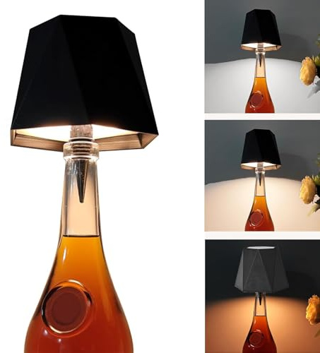 XhuangTech Wireless Wine Bottle Lamp, LED Wine Bottle Lampshade 3 Colours Stepless Dimming with USB Rechargeable, Touch Embedded Bottle Top Lights with Shade for Bars, Pubs, Tables, Bedroom (Black)