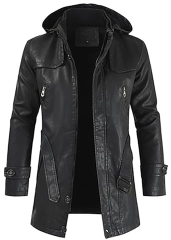 Giacca in pelle da uomo lunga, 3/4 di lunghezza, cappotto duffle con cappuccio staccabile, parka, lungo cappotto nero trench, cappotto nero da safari con cappuccio, antivento, caldo, cappotto