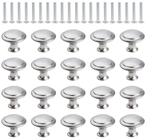 Anhoer 20Pcs 28MM Brushed Round Chrome Knobs and Handles for Kitchen Cupboards, Drawers, Furniture, Wardrobes, Bathroom - Mushroom Style