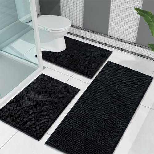 Enyhom Chenille Badteppich Set 3 Teilig, Schwarz Badteppich rutschfest Waschbar Weich Badematte und U Förmige wc Vorleger Saugfähige Duschvorleger für Badezimmer (45x65+45x120+U50x60cm)