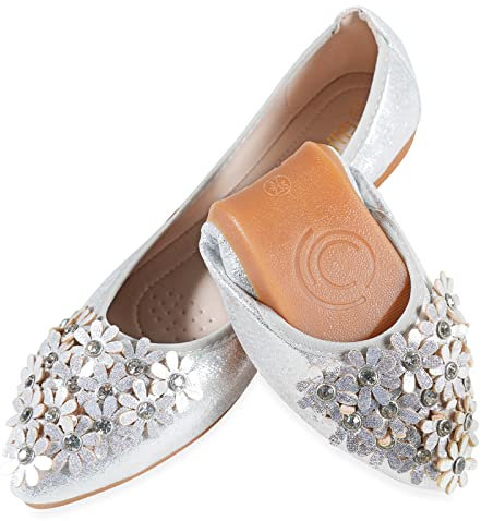 YOUNIFIZ Women's Elastic Foldable Portable Pumps Bling Beads Ballet Ballerina Flats Dolly Shoes (Flower Silver,Size 4)