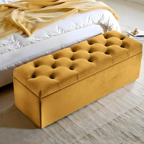 Harveys Living Chesterfield Ottoman Storage Box - Fabric Button Style Engineered Wood Luxurious Plush Velvet Ottoman Storage Bench - (Mustard, No Legs)