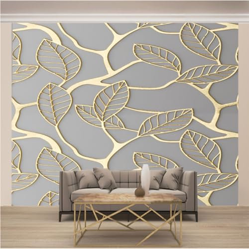 Papier Peint Panoramique Trompe l'oeil 3d Chambre Adulte Enfants Art Papier Peint Intissé Mural Moderne Toison Salon Chambre à Coucherr Salle L 200cm x 140cm (Largeur x Hauteur) Gris et Feuilles