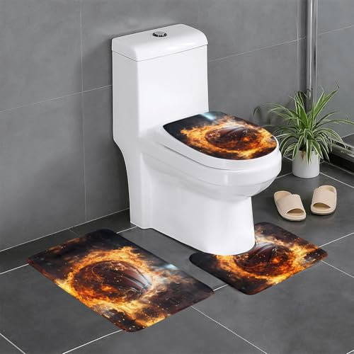 WZYWHJ Badteppich-Set mit Basketball auf Feuer und Wasserflammenspritzer, 3er-Set, rutschfest, langlebig, leicht zu reinigen, geeignet für Badezimmer und WC