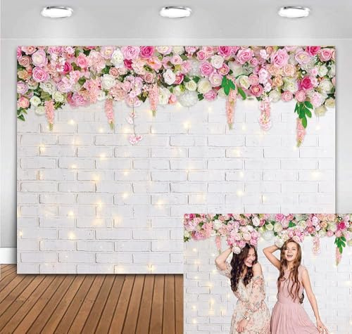 Flower Wall Photo Backdrop White Brick Wall Glitter Mother's Day Flowers Spring Theme Background Mother's Day Wedding Bridal Baby Shower Birthday Party Decor Photo Booth Props (8x6FT)