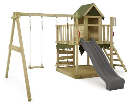 FATMOOSE Aire de Jeux JazzyJungle Jam XXL portique en Bois avec balançoire et Toboggan, Tour d'escalade pour Enfants avec bac à Sable, échelle et Accessoires de Jeu pour Le Jardin. (Anthracite)