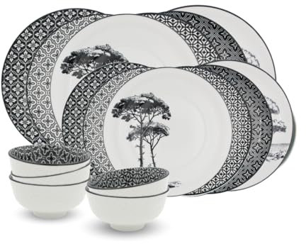 Artime - Service Vaisselle 18 Pièces Villa les Pins, Porcelaine Noir et Blanc, Assiettes et Bols Ø26.9/20.5/11.2 cm, Design Méditerranéen, Motifs Assortis