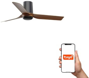 FARO Mini Punt Tub Small 3 Blade Ceiling Fan Matt Black, Walnut Tuya Smart System