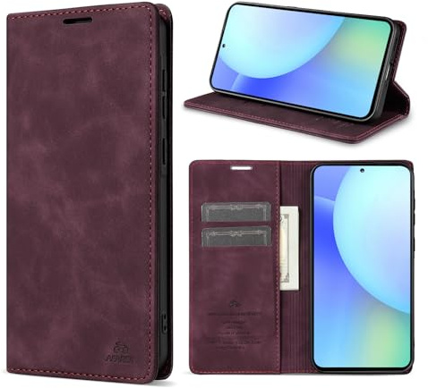 AFARER Einfache Art Brieftasche Handyhülle Kompatibel mit Samsung Galaxy A56 Klappbar Ledertasche Stoßfest Schutz mit Kartenhalter Ständer - Rot