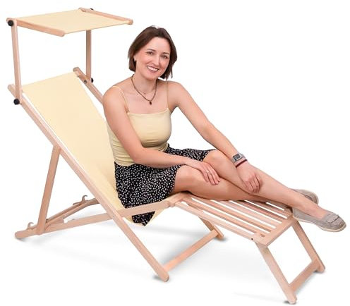 DreamRoots Sonnenliege klappbar mit Dach aus Holz - Liegestuhl mit Sonnenschutz & Fußstütze aus Holz bis 130 kg, Oxford-Polyester 220g/m², 3-Fach verstellbar - Creme