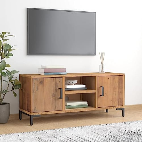 Mueble de TV de madera de pino maciza, color marrón, 110 x 35 x 48 cm, centro de entretenimiento para sala de estar, moderno mueble móvil, elegante solución de almacenamiento