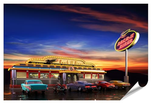 islandburner XXL Bild Poster Rock n Roll Diner bei Sonnenuntergang mit Oldtimern und Leuchtreklame Premium Bilder Fotodruck